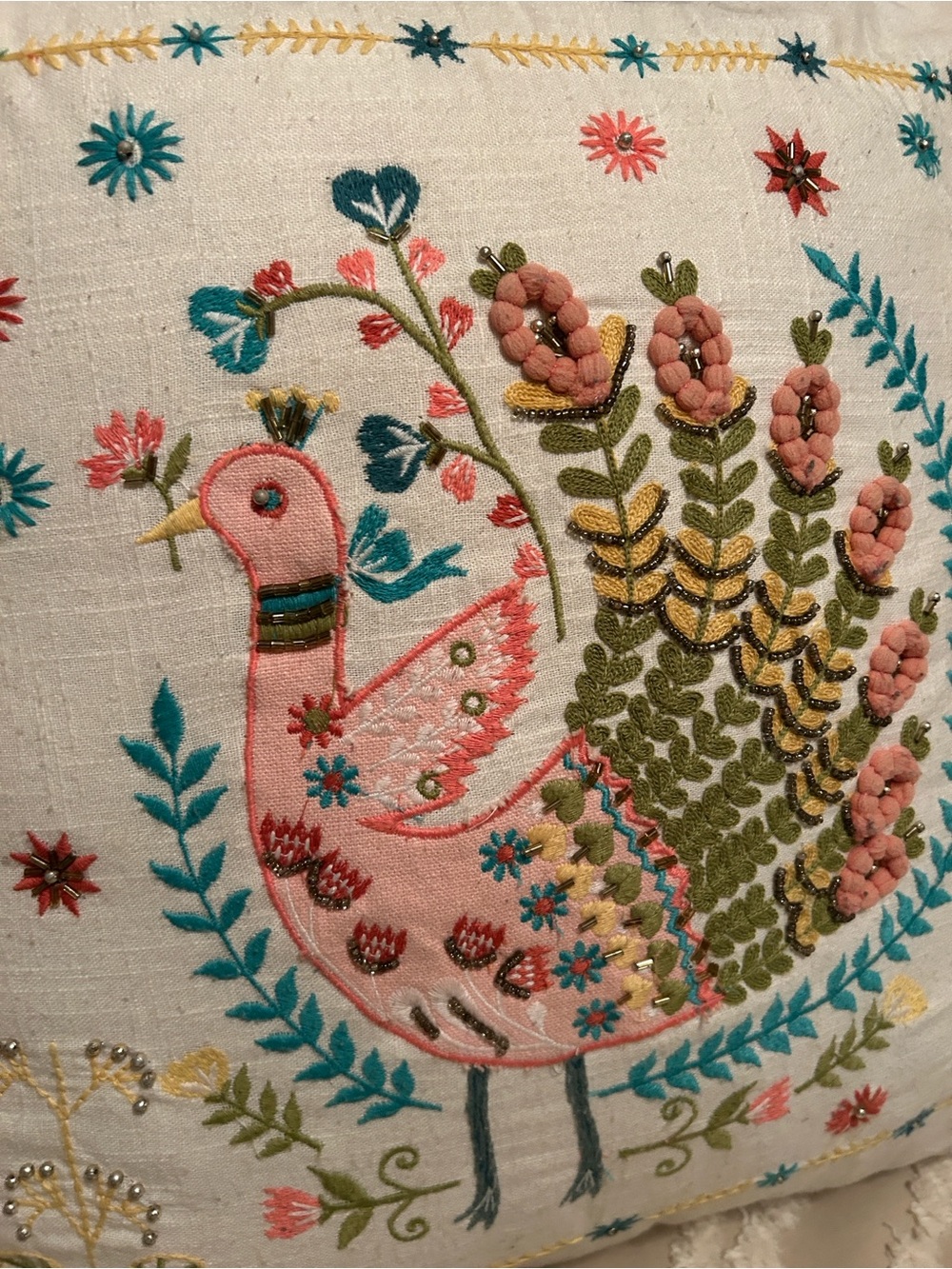 Embroidered Long Tail Bird Decorative Pillow